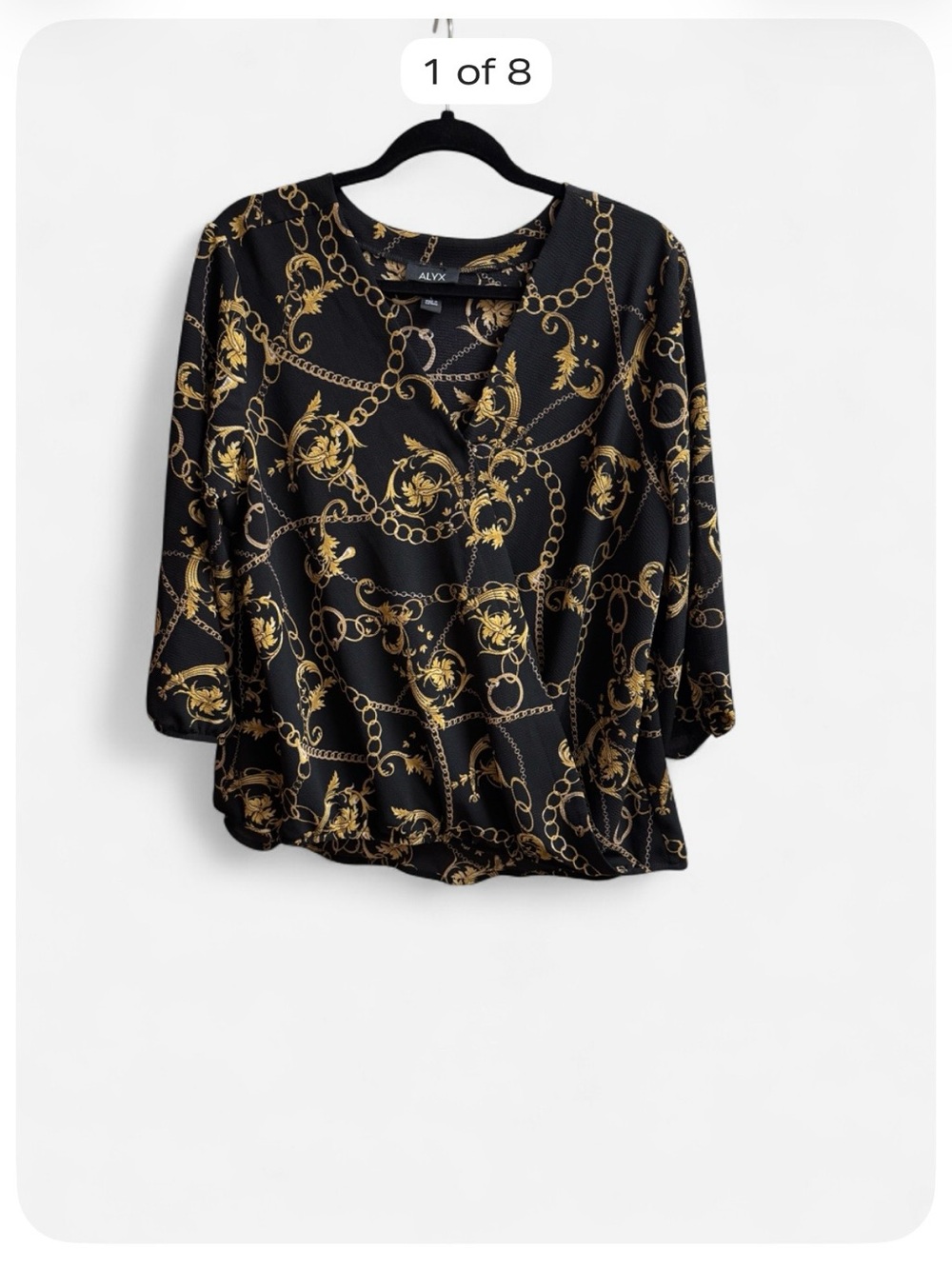 ALYX Women’s Wrap-Style Large Black Gold Chain Print Blouse 3/4 Sleeve